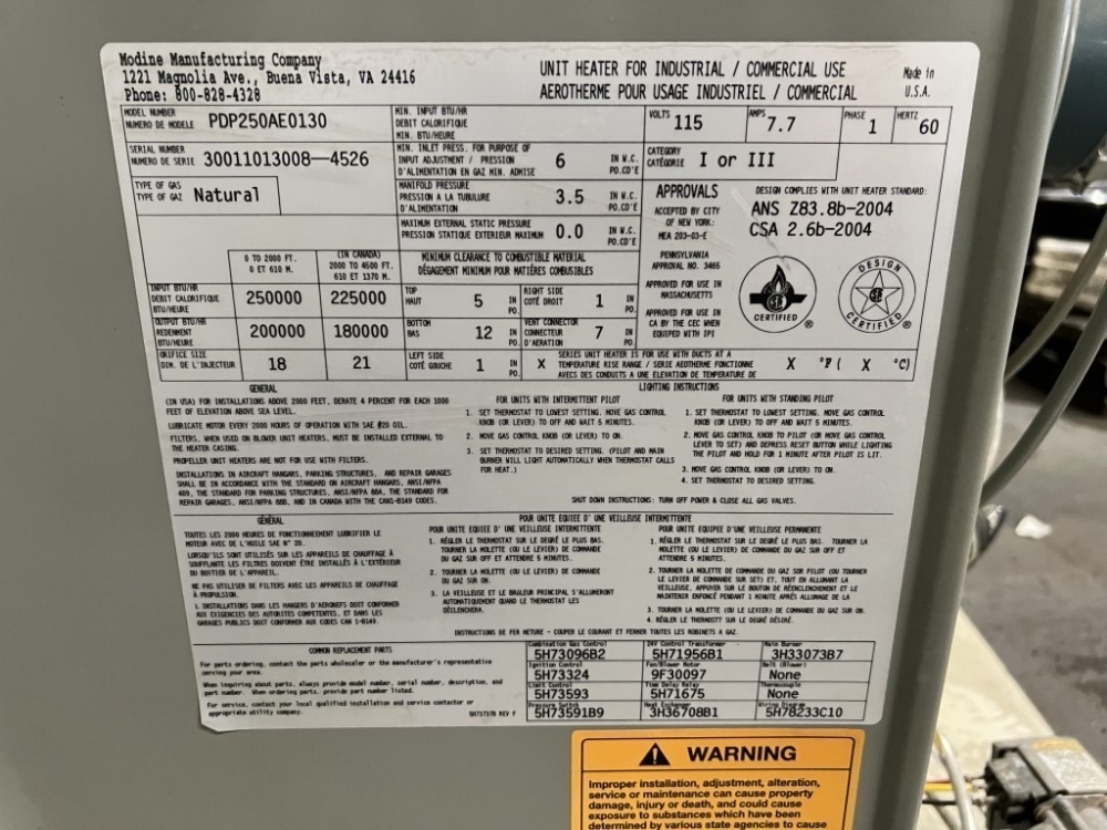 Modine PDP250AE0130 Heater J. Stout Auction